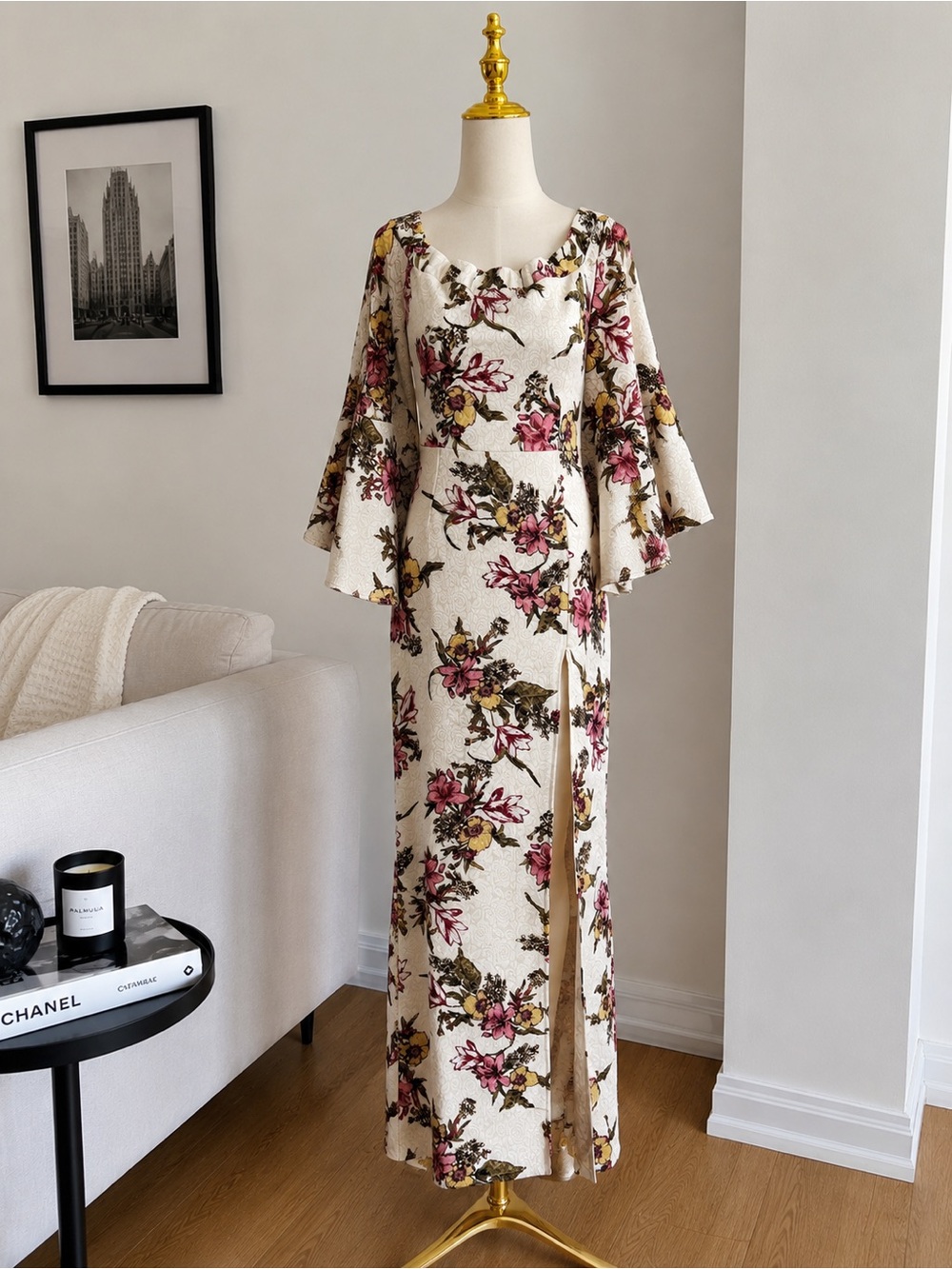Vfshow Floral Cowl Neck Maxi Dress in White with Pink Accents